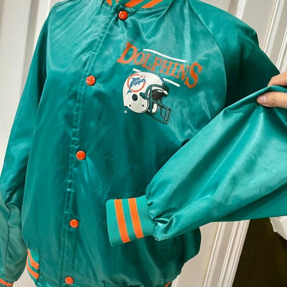 NFL MIAMI DOLPHINS VINTAGE 80’ RETRO BOMBER SATIN JACKET TEAL/ORANGE Sz L TRENDY - Picture 8 of 16